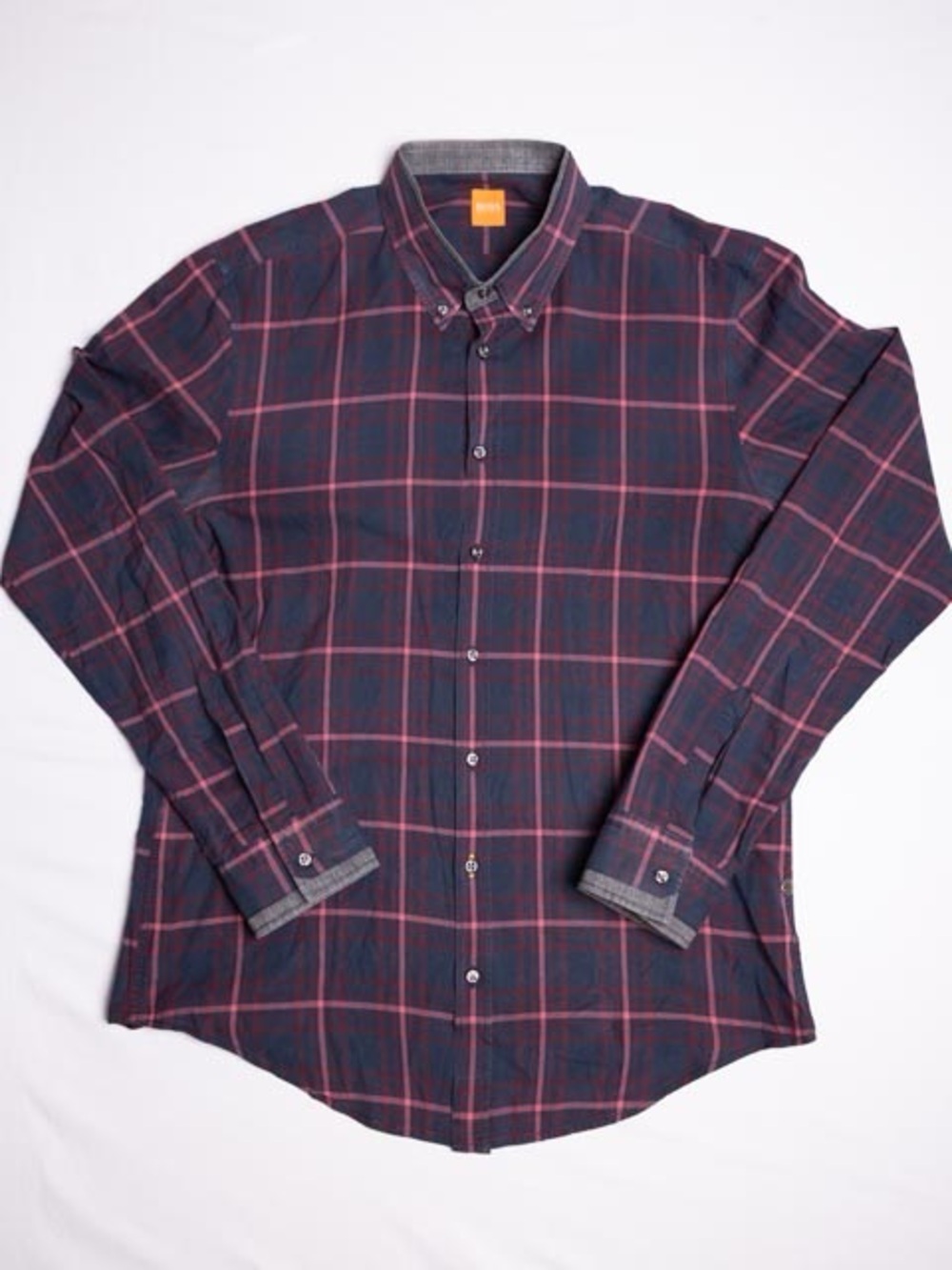 Hugo Boss Orange Plaid Shirt Men XL Long Sleeve Checked Navy Blue Burgundy Red